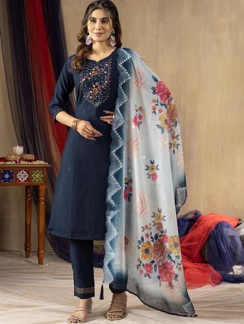 women embroidered three quarter sleeve kurta pant with dupatta set - 22053773 - Standard Image - 0