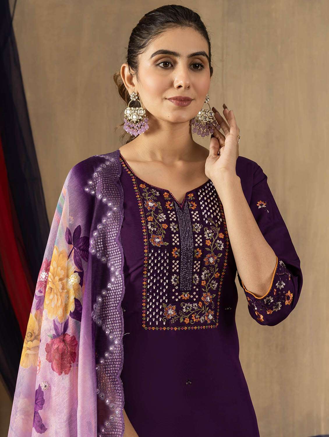 women embroidered three quarter sleeve kurta pant with dupatta set - 22053777 - Standard Image - 5