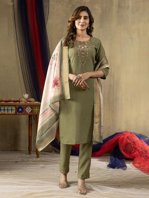 women embroidered three quarter sleeve kurta pant with dupatta set - 22053778 - Standard Image - 0