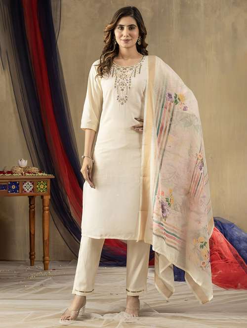 women embroidered three quarter sleeve kurta pant with dupatta set - 22053779 - Standard Image - 0