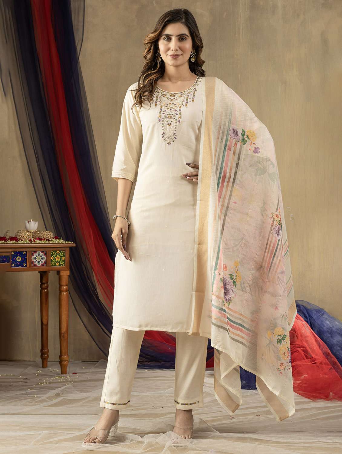 women embroidered three quarter sleeve kurta pant with dupatta set - 22053779 - Zoom Image - 0