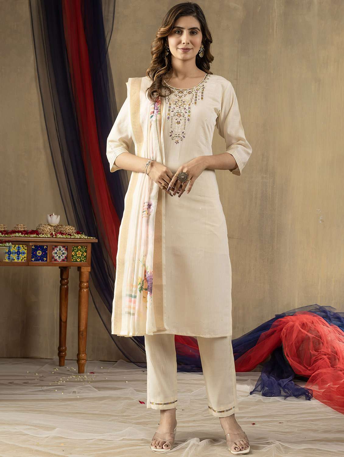 women embroidered three quarter sleeve kurta pant with dupatta set - 22053779 - Standard Image - 3