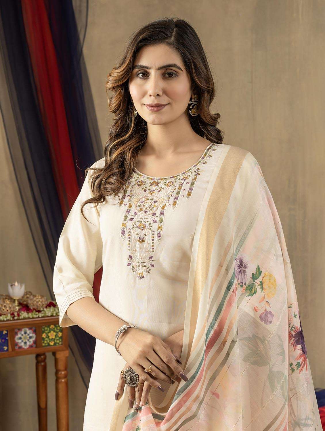 women embroidered three quarter sleeve kurta pant with dupatta set - 22053779 - Standard Image - 5
