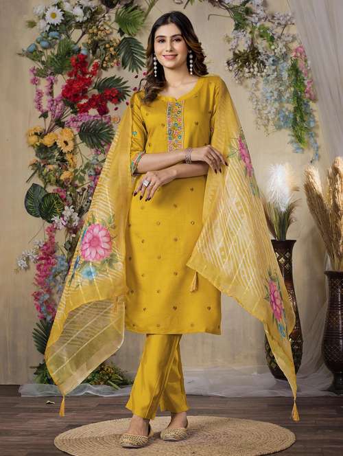 women embroidered three quarter sleeve kurta pant with dupatta set - 22053780 - Standard Image - 0