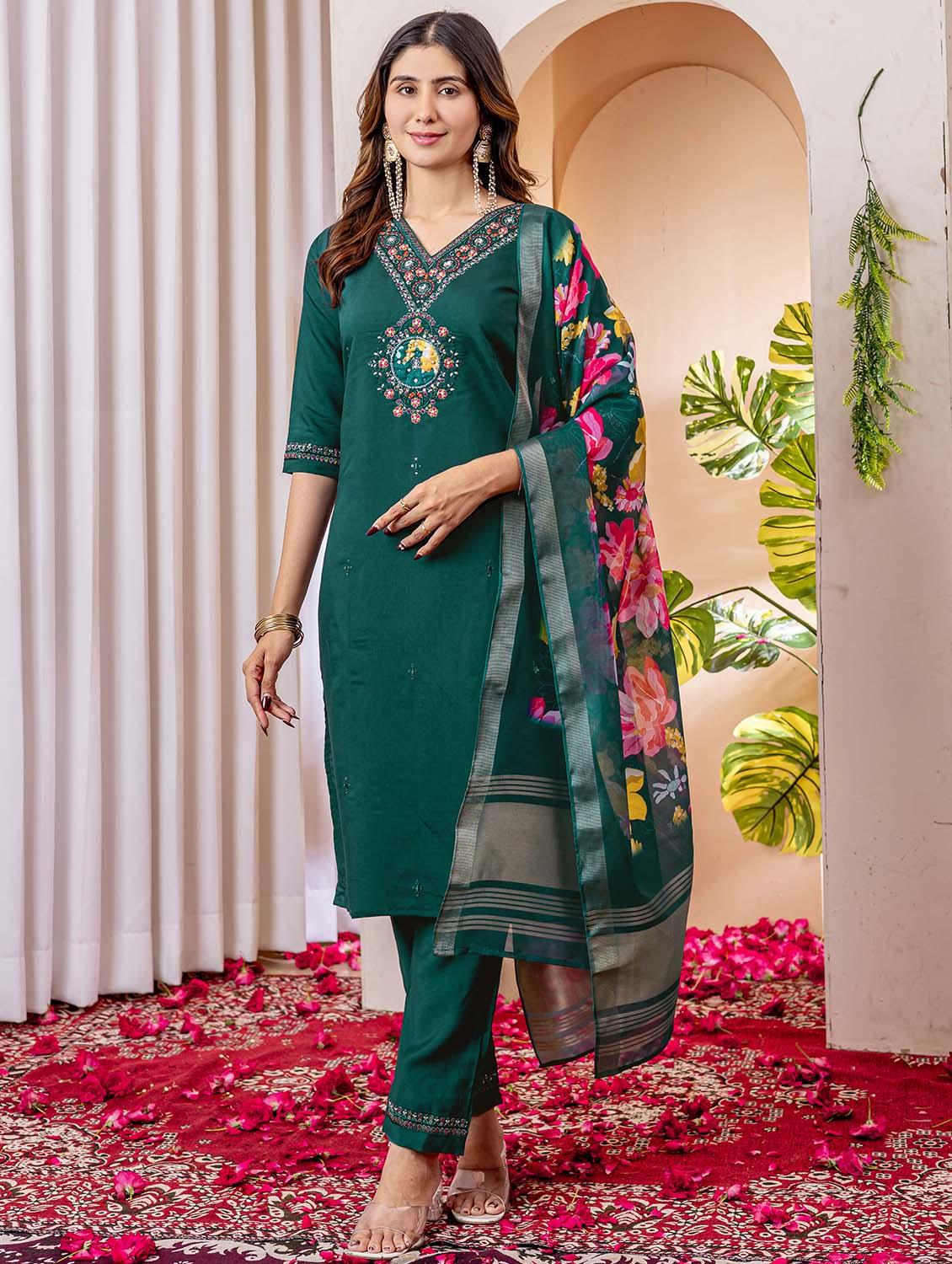 women embroidered three quarter sleeve kurta pant with dupatta set - 22053782 - Zoom Image - 0