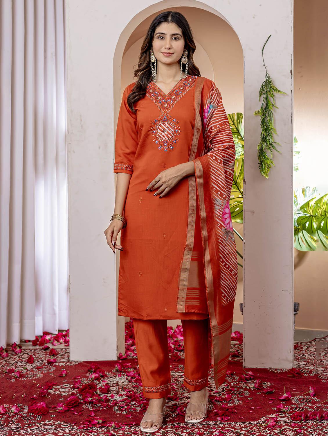 women embroidered three quarter sleeve kurta pant with dupatta set - 22053783 - Zoom Image - 0