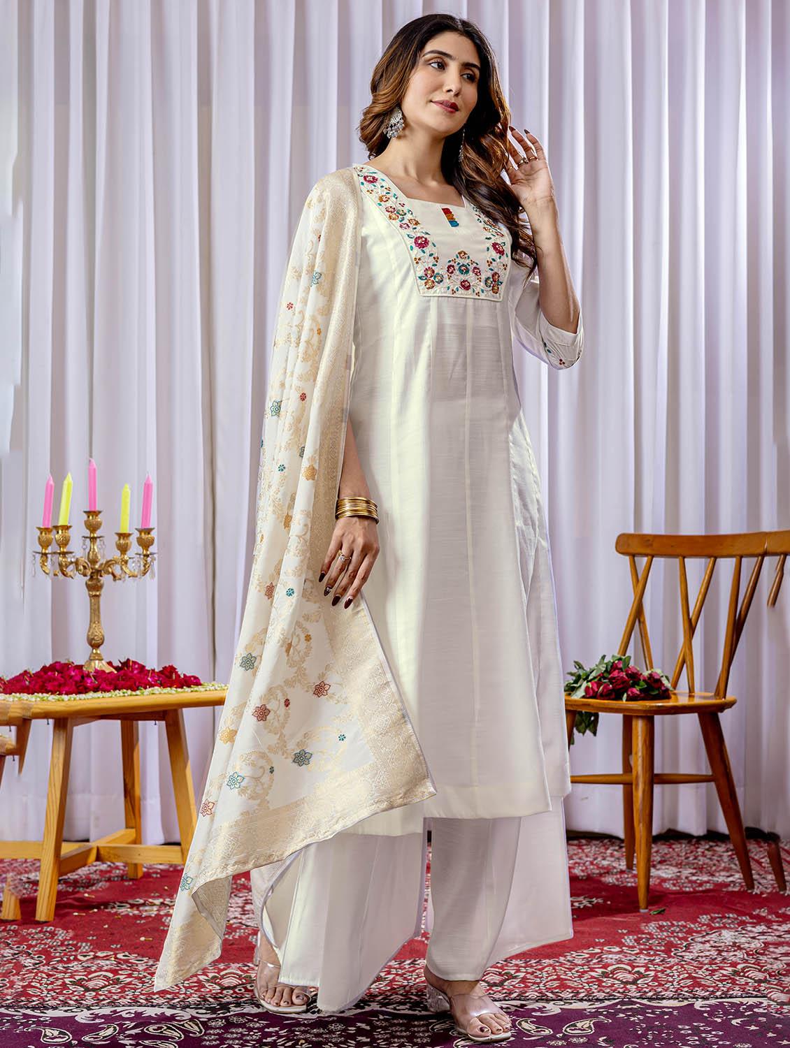 women embroidered three quarter sleeve kurta palazzo with dupatta set - 22053784 - Standard Image - 3