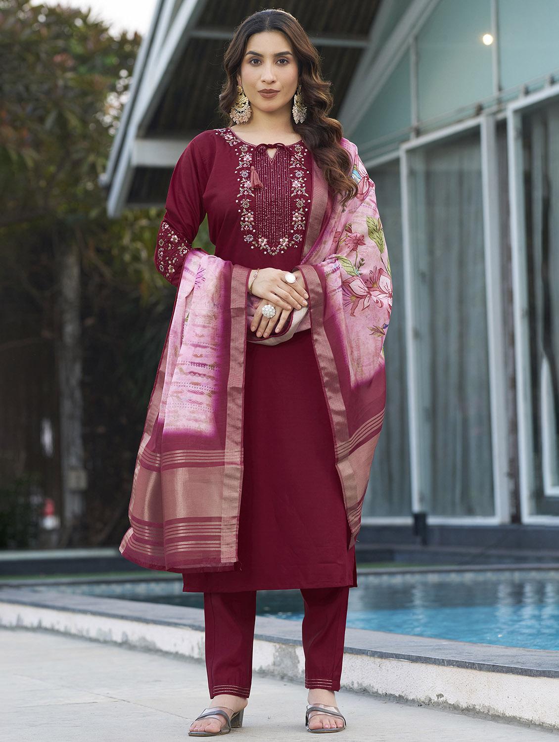 women embroidered three quarter sleeve kurta pant with dupatta set - 22053785 - Zoom Image - 0