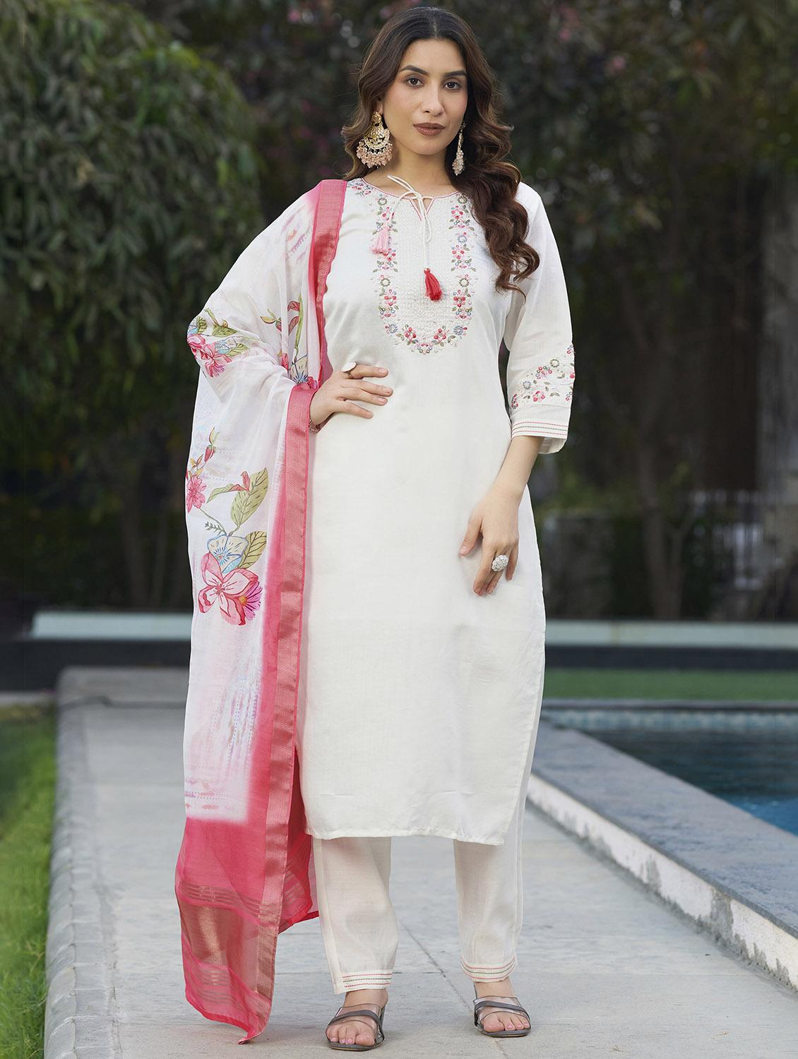 women embroidered three quarter sleeve kurta pant with dupatta set - 22053786 - Zoom Image - 0