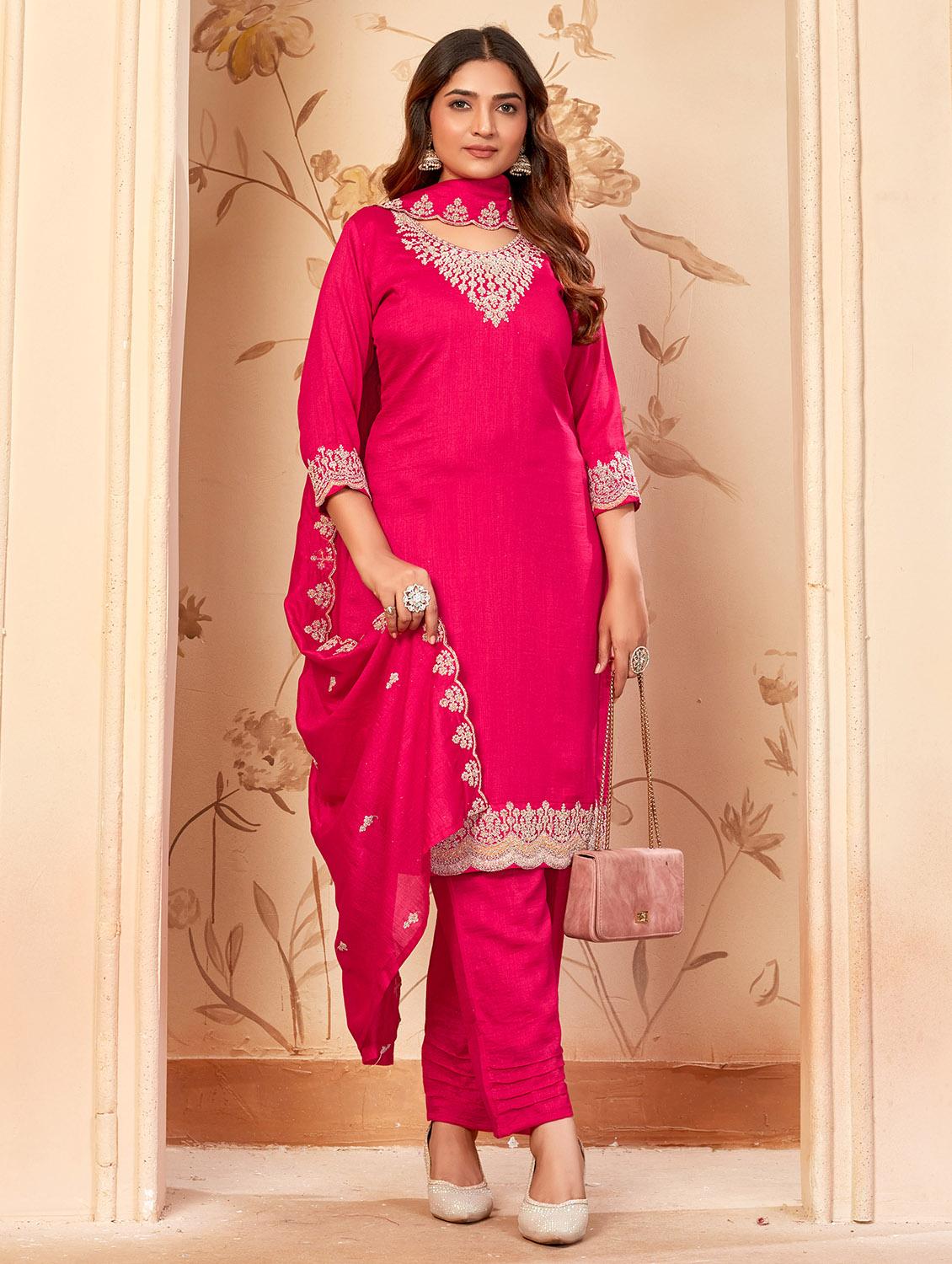women embroidered three quarter sleeve kurta pant with dupatta set