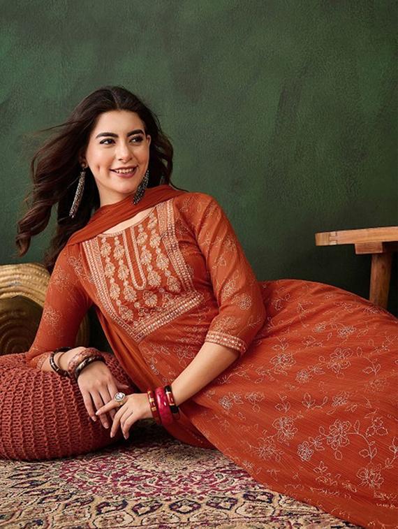 orange georgette straight kurta - 22053791 - Standard Image - 3