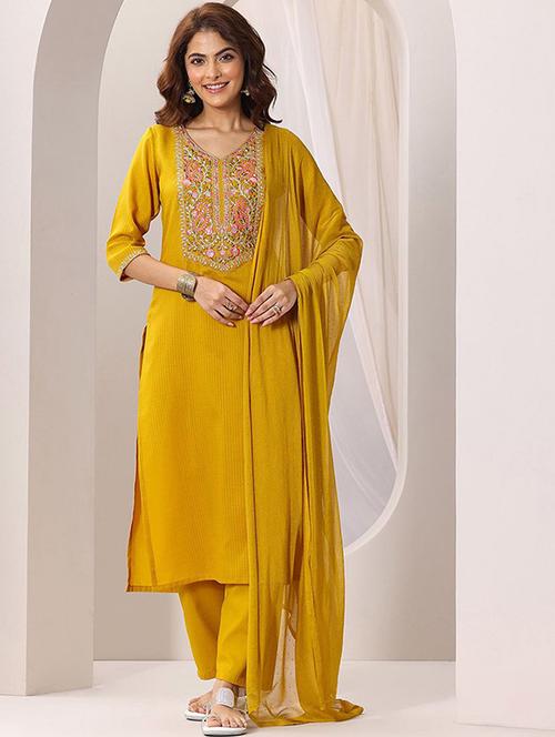 mustard rayon straight kurta - 22053799 -  Standard Image - 0