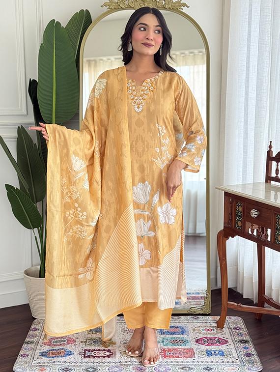 mustard silk blend straight kurta - 22053803 - Zoom Image - 0