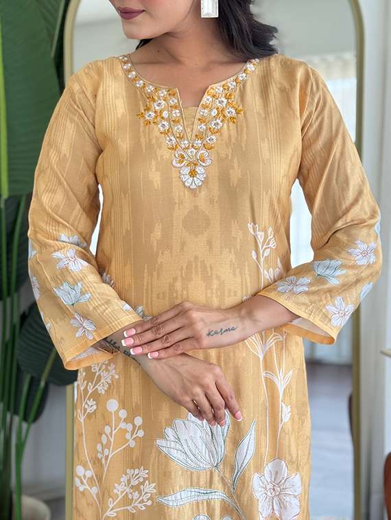 mustard silk blend straight kurta - 22053803 - Standard Image - 3