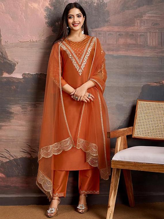 rust viscose straight kurta - 22053809 -  Zoom Image - 0