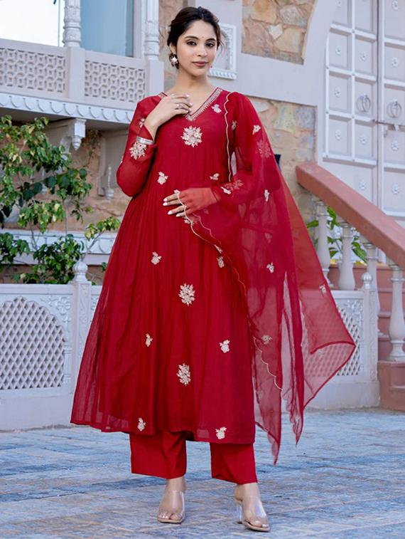 red chanderi straight kurta - 22053818 - Zoom Image - 0