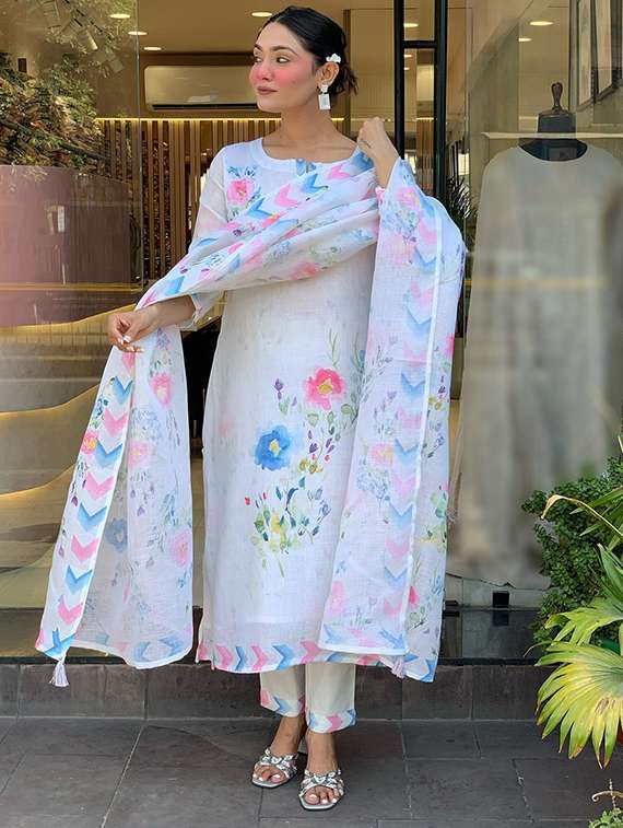 white linen blend straight kurta - 22053819 - Standard Image - 3