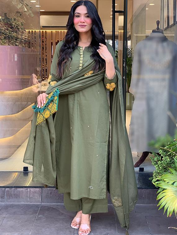 olive chanderi straight kurta - 22053860 -  Zoom Image - 0