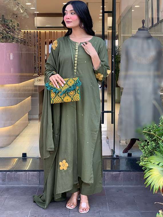 olive chanderi straight kurta - 22053860 - Standard Image - 3