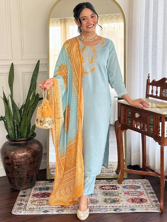 light blue chanderi straight kurta - 22053861 -  Zoom Image - 0