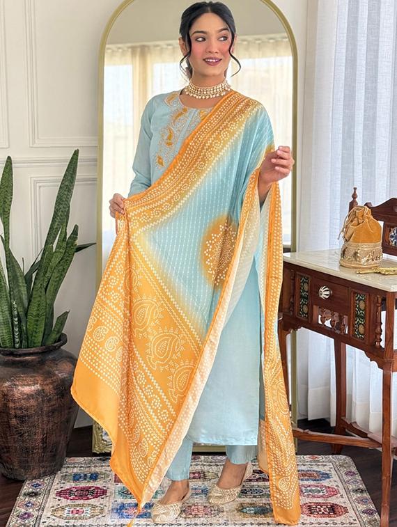 light blue chanderi straight kurta - 22053861 - Standard Image - 3