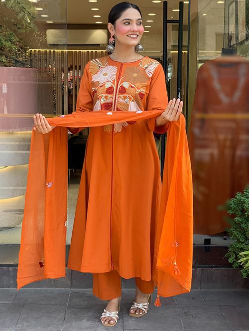 orange chanderi straight kurta - 22053862 - Standard Image - 0
