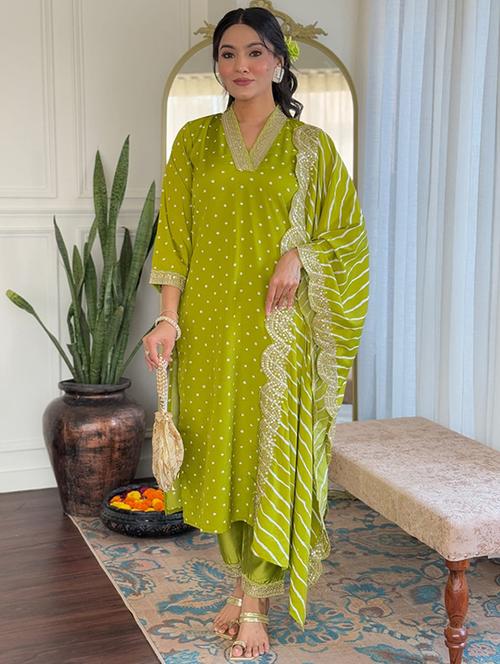 lime silk blend straight kurta - 22053864 -  Standard Image - 0