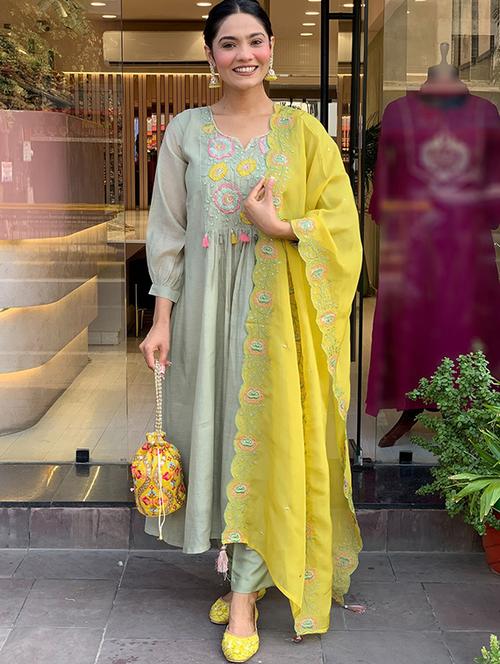 light green silk blend straight kurta - 22053874 - Standard Image - 0