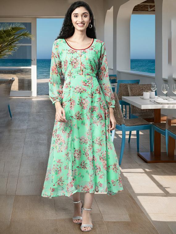 women floral print long sleeve fit & flare dress