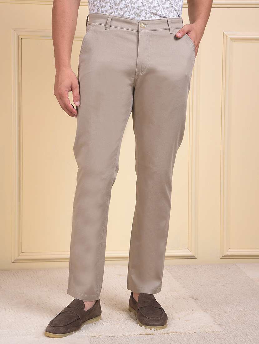 men solid mid rise flat front casual chinos 