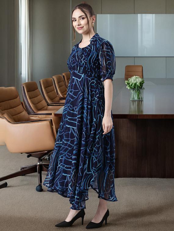 women printed puff sleeve asymmetric dress - 22054105 - Standard Image - 3