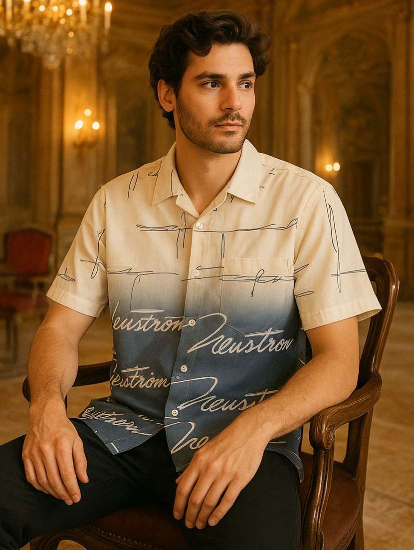 men printed collared short sleeves casual shirt