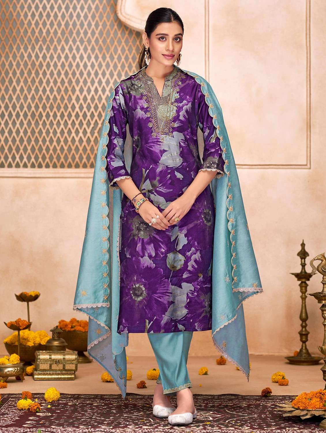 women floral three quarter sleeve kurta pant with dupatta set