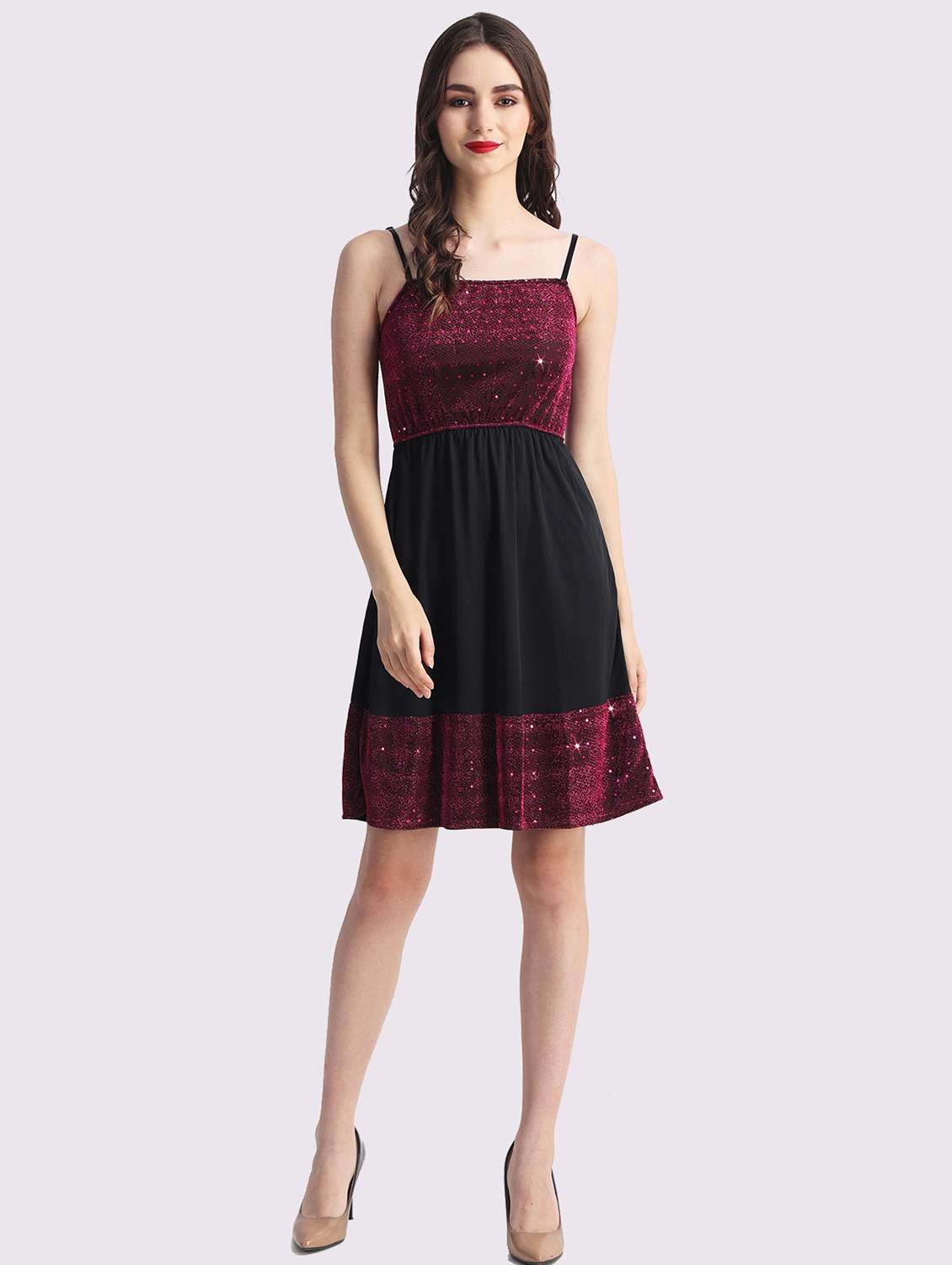 women embellished shoulder strap fit & flare dress