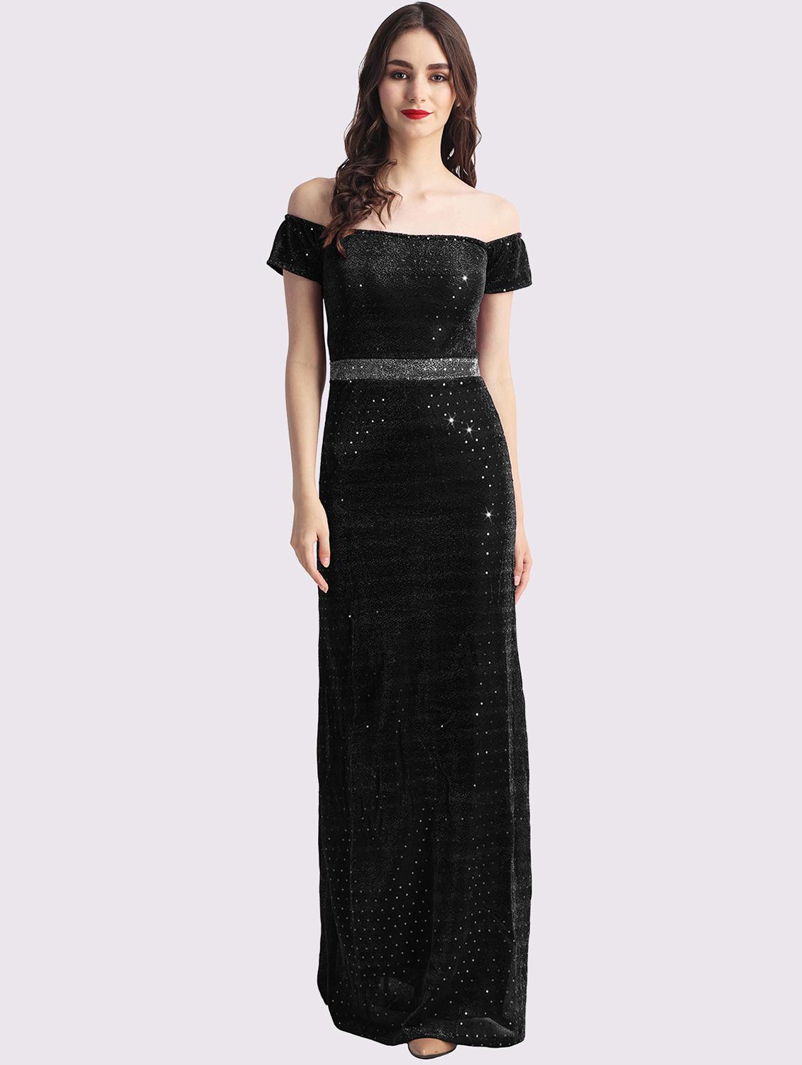 women black sequined off shoulder a-line dress - 22054174 - Zoom Image - 0