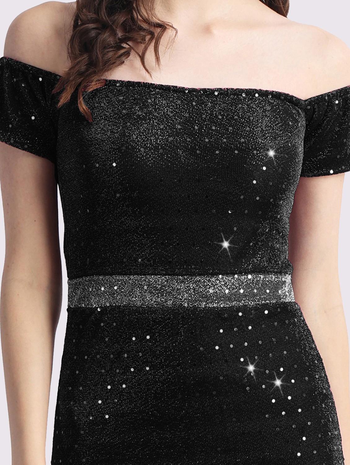 women black sequined off shoulder a-line dress - 22054174 - Standard Image - 3