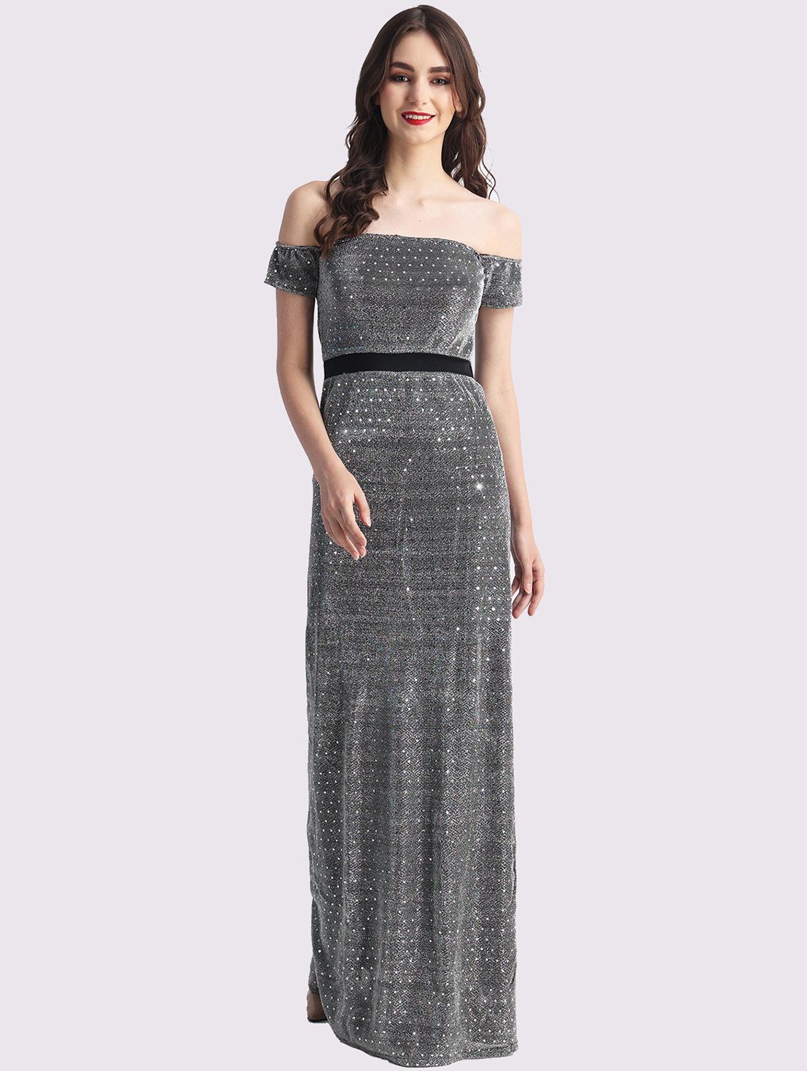 women grey sequined off shoulder a-line dress - 22054175 - Zoom Image - 0