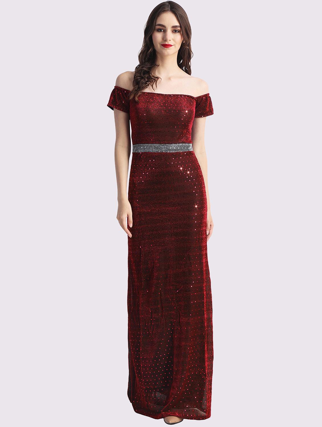 women marron sequined off shoulder a-line dress