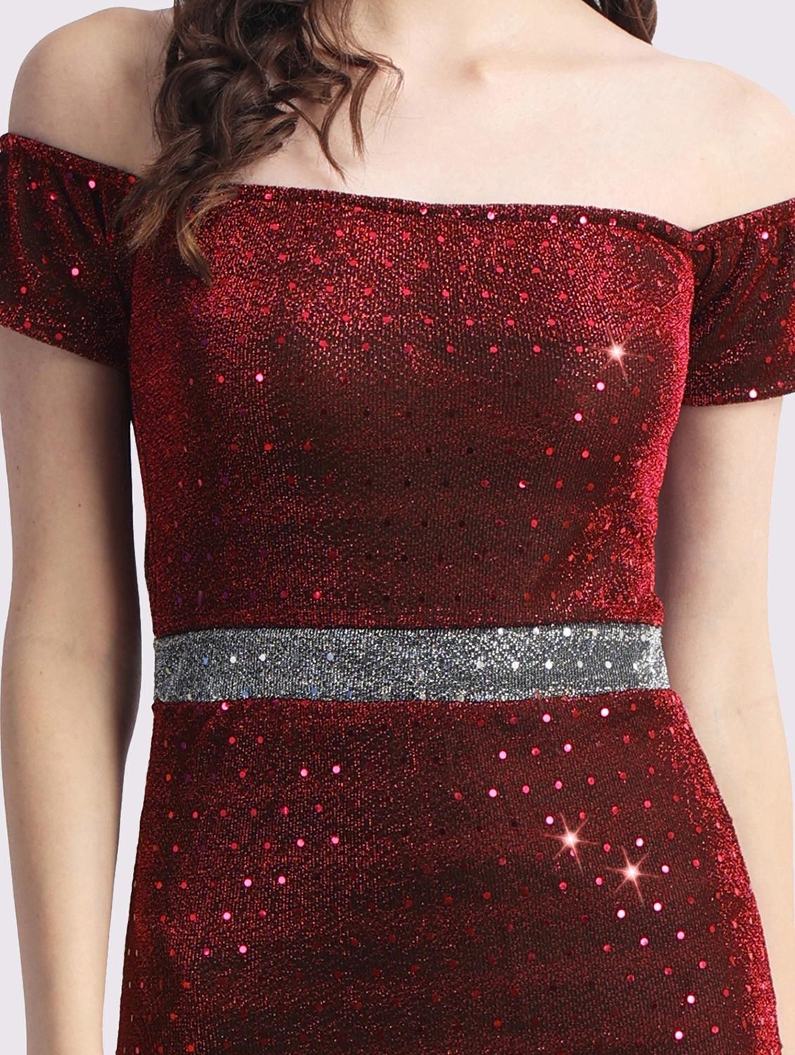 women marron sequined off shoulder a-line dress - 22054176 - Standard Image - 3