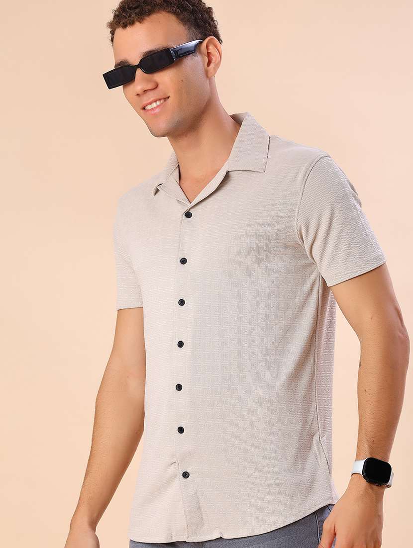 men self design short sleeve regular fit casual shirt