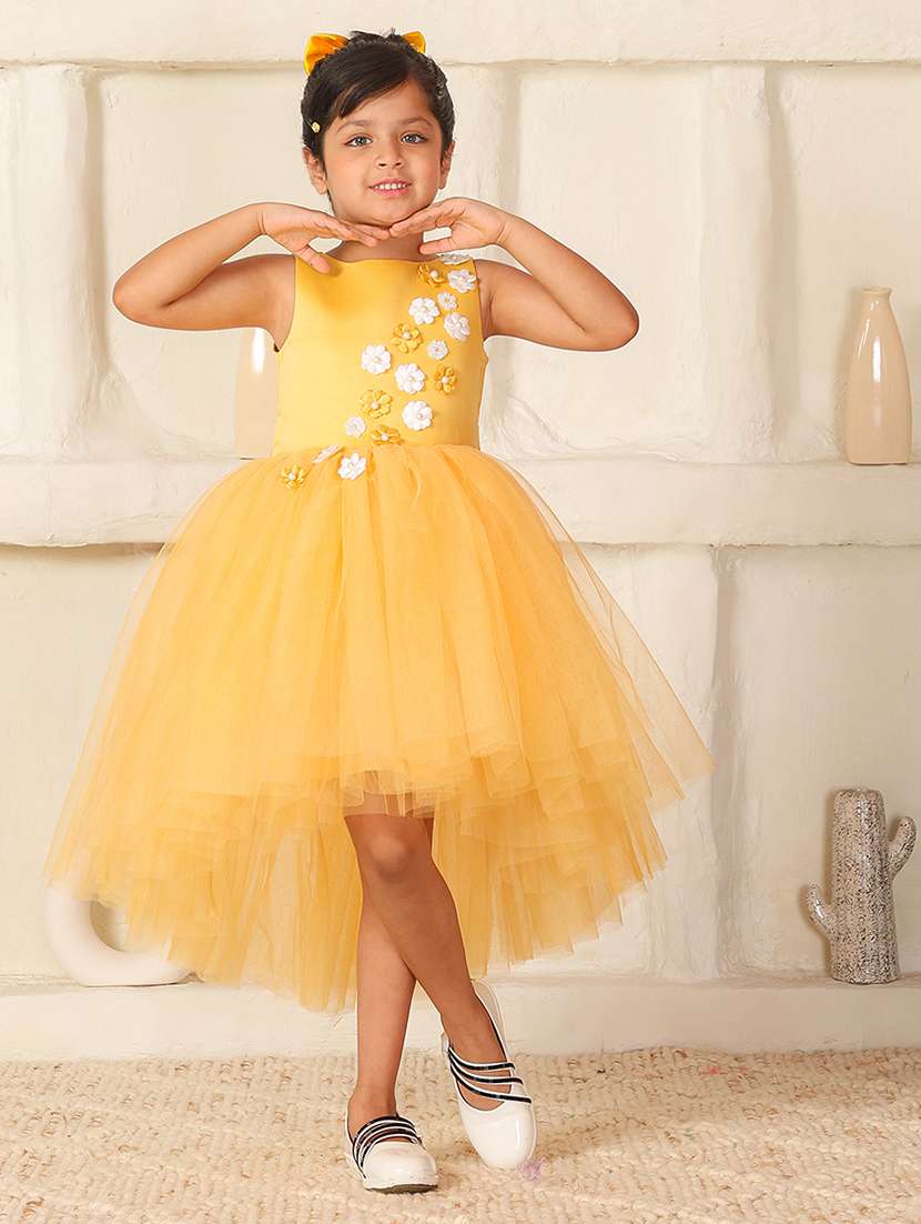 girls self designed round neck sleeveless high low dress