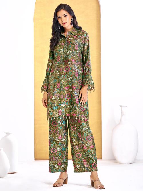 women printed long sleeve regular fit ethnic co-ord set - 22055073 - Standard Image - 0