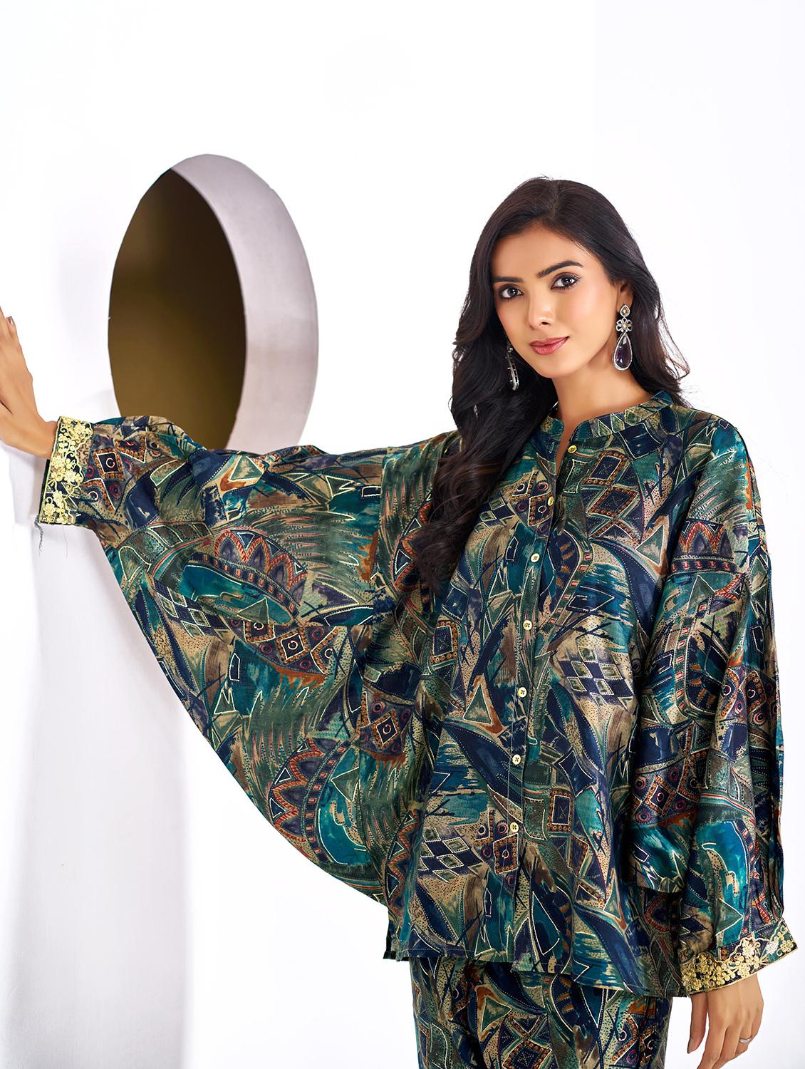 women printed kimono sleeve regular fit ethnic co-ord set - 22055074 - Standard Image - 3