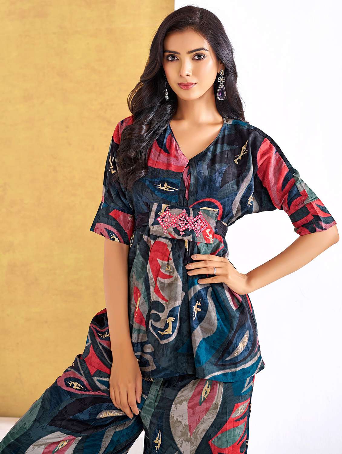 women printed short sleeve regular fit ethnic co-ord set - 22055077 - Standard Image - 3