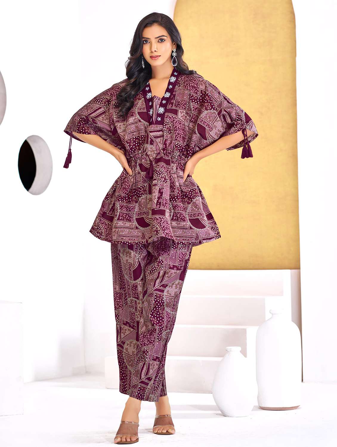 women printed kimono sleeve regular fit ethnic co-ord set