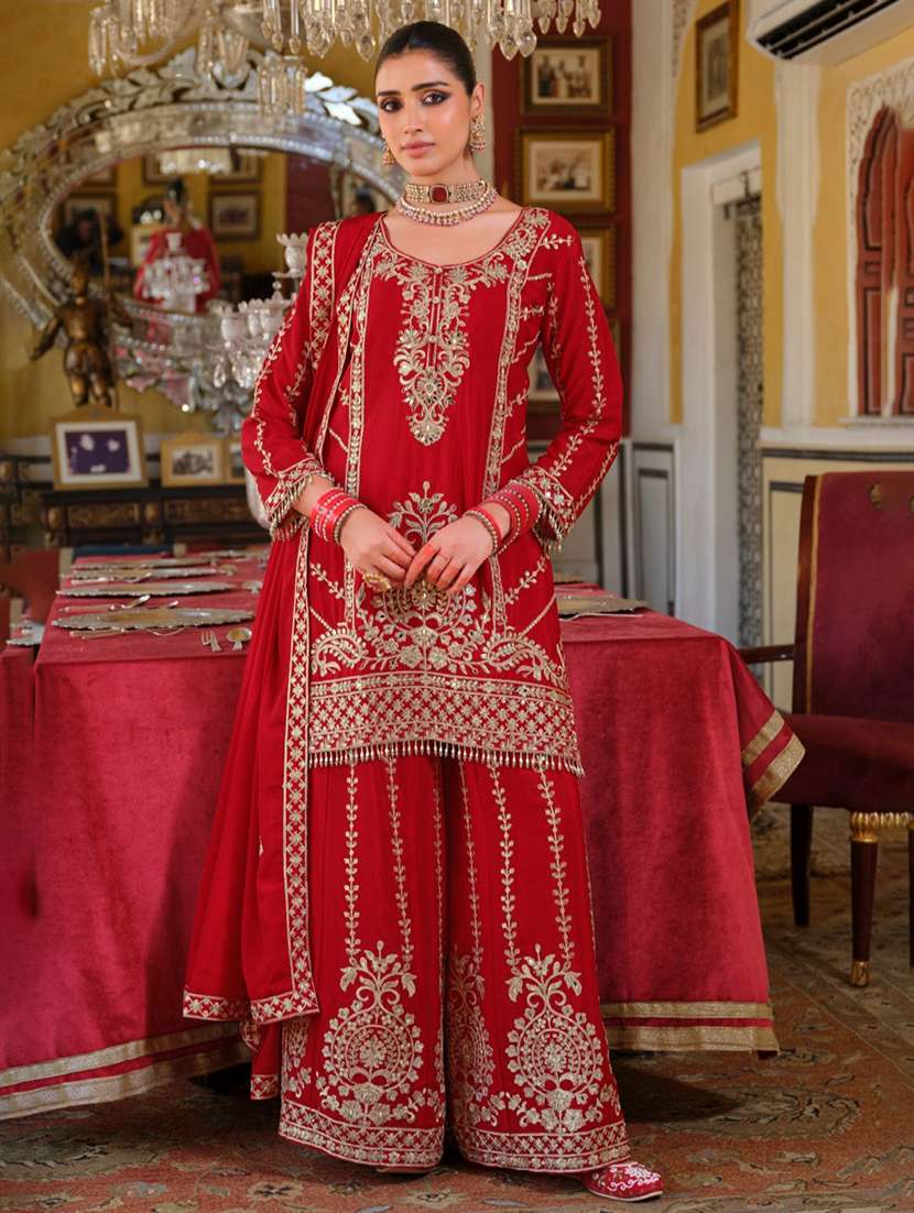 women embroidered three quarter sleeve kurta sharara with dupatta set