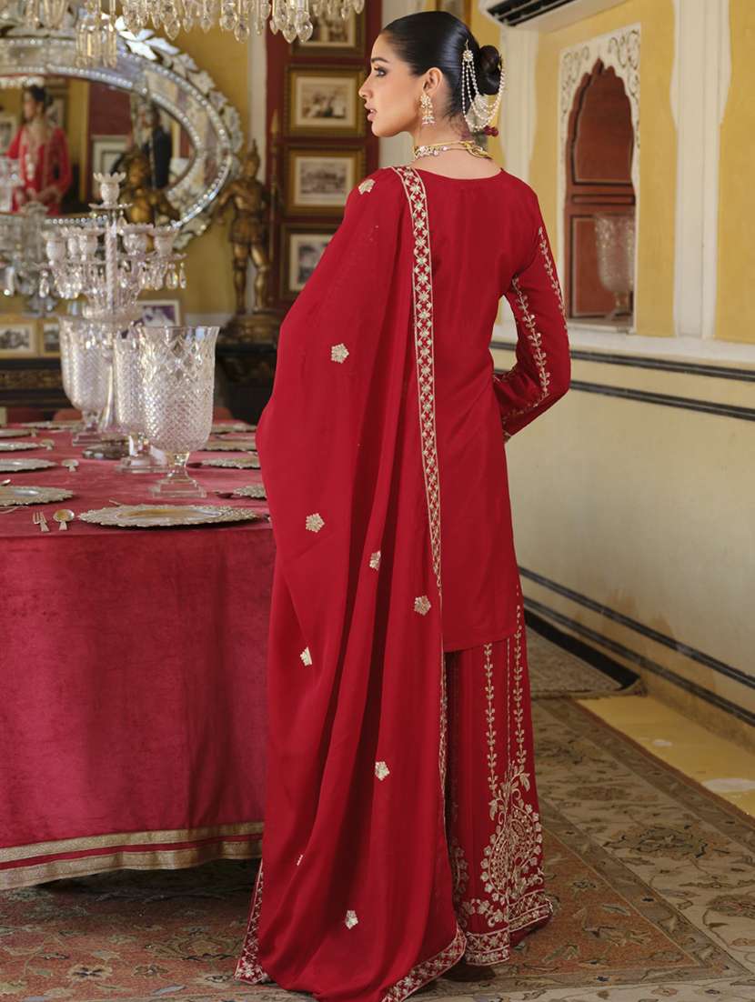 women embroidered three quarter sleeve kurta sharara with dupatta set - 22055090 - Standard Image - 3
