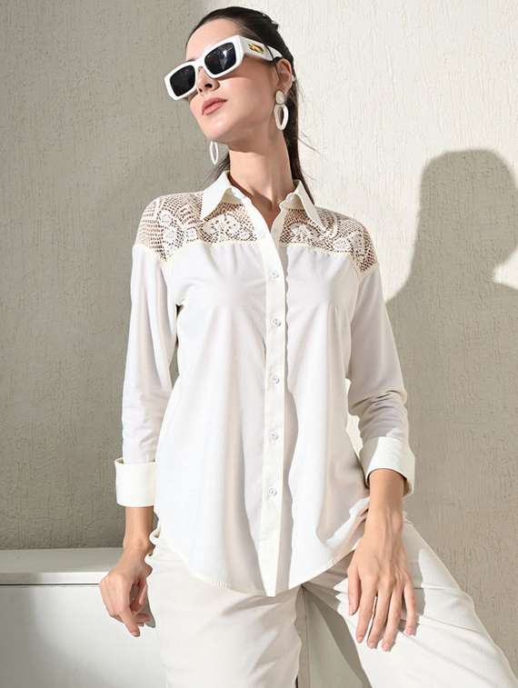 women solid collared long sleeve shirt