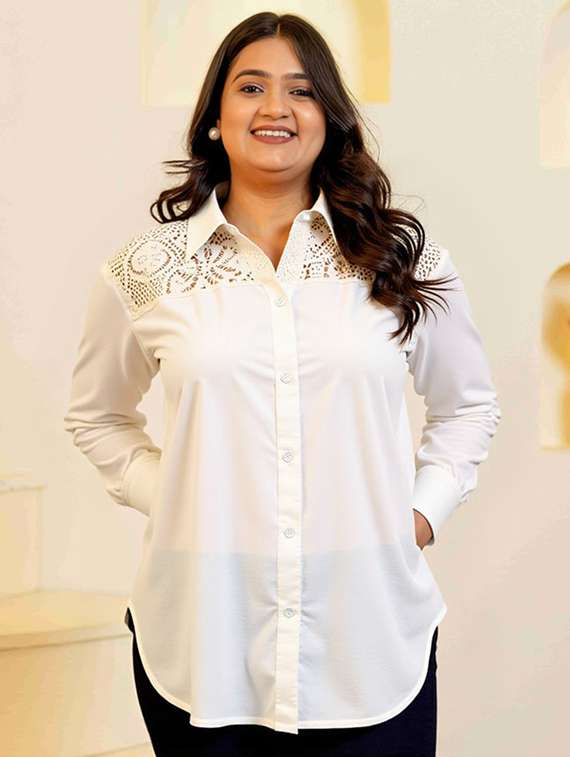 women plus size solid collared long sleeve shirt - 22055125 -  Zoom Image - 0