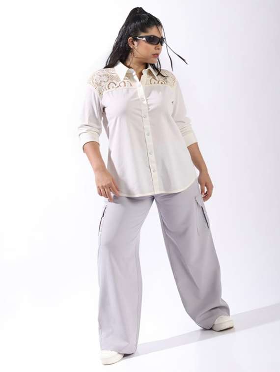 women plus size solid collared long sleeve shirt - 22055129 -  Standard Image - 3